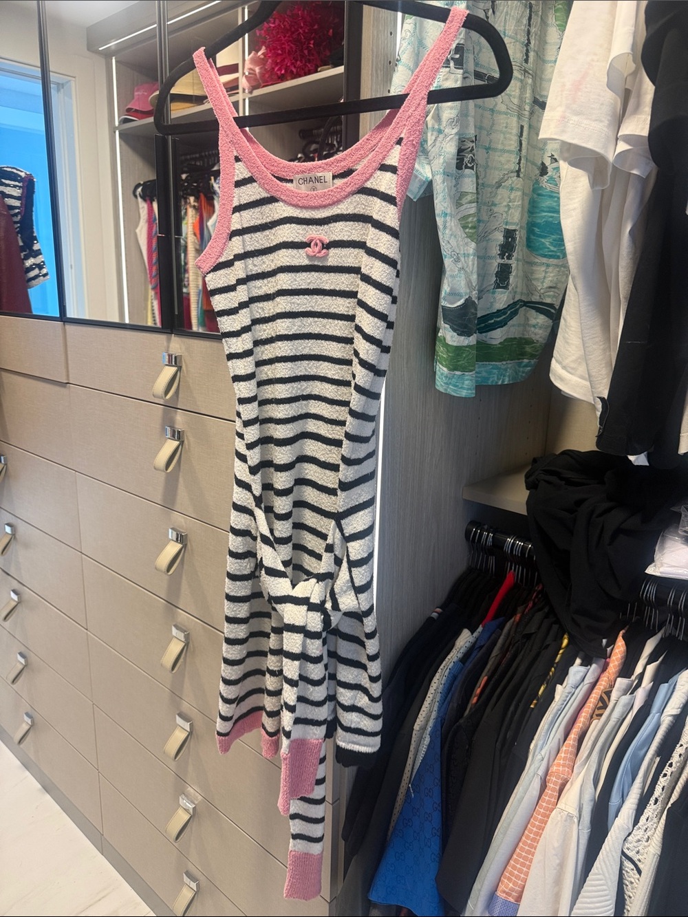 Black & White Striped Mini Dress with Pink Trim